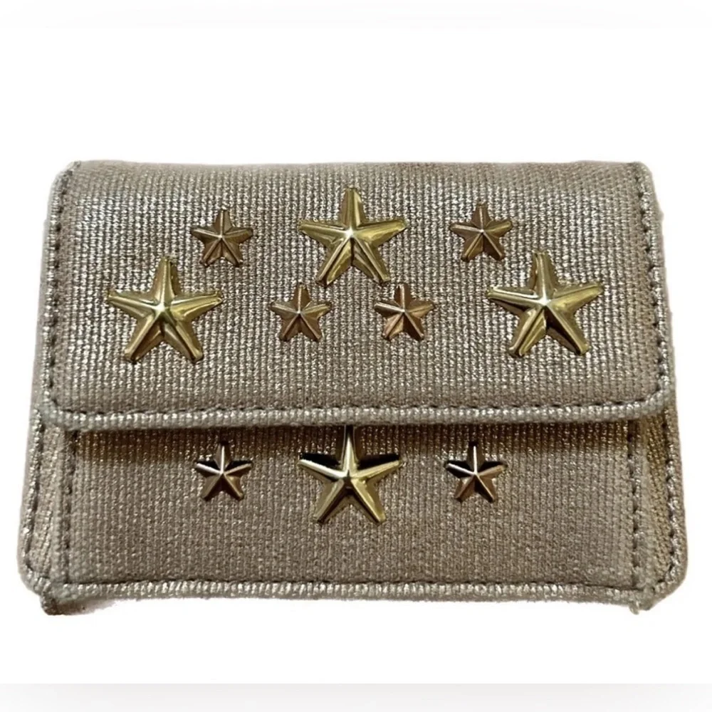 JIMMY CHOO NEMO STAR STUD METALLIC DENIM TRIFOLD WALLET RARE